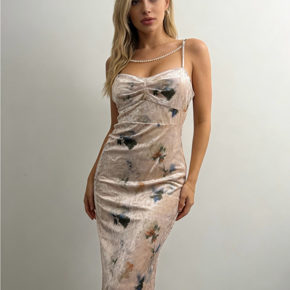 Blush Floral Velvet Midi Slip Dress with Pearl Strap